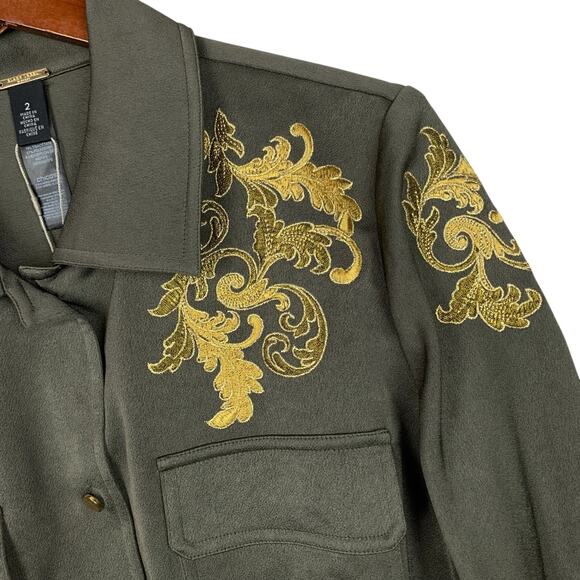 New Chicos Black Label Jacket Shacket Green Military Applique Women's 2 L 12 - Picture 4 of 10